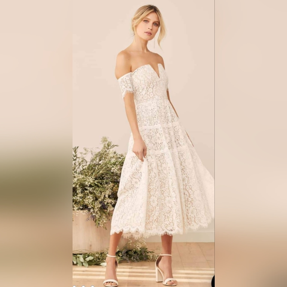 Lulu's Cream Lace Off-Shoulder Dress